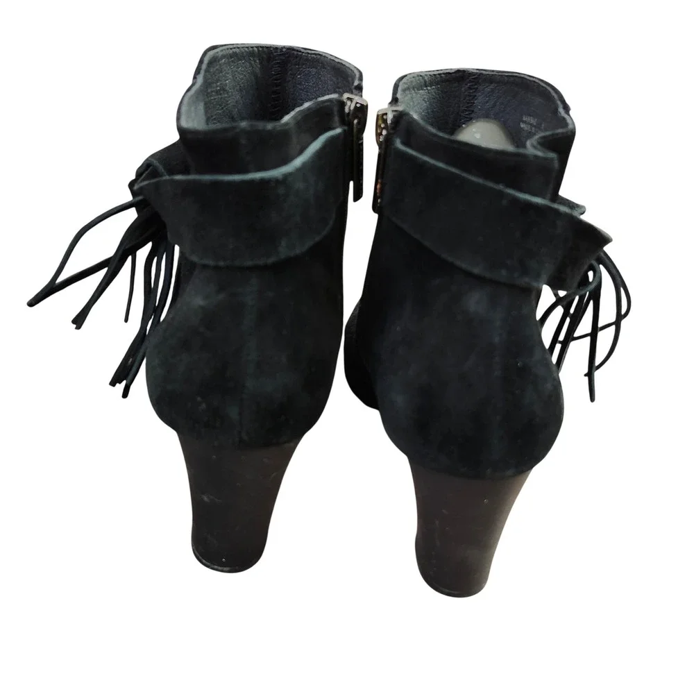 Sacha London Black Suede Tie Fringe Heeled Ankle Boots Side Zip‎ Women Sz 9